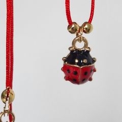 Ladybird pendant necklace rope cord satin red gold beads ball