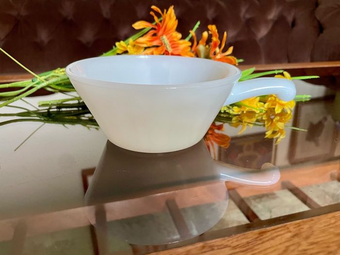 Vintage Mid Century Anchor Hocking Fire King Ovenproof Milk Glass Bowl with Handle 1960 1970s