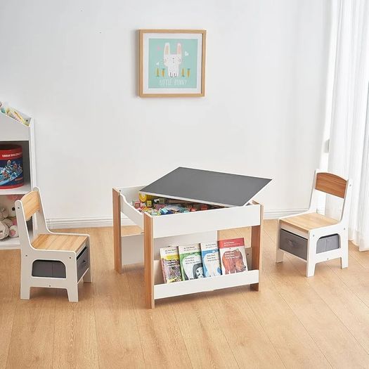Kids Table and Chair Set, 4 in 1 Toddler Desk with Storage Drawer, Wooden Activity Table for 2 in 1 Detachable Tabletop,Bookshelf, Suitable for Classroom, Home, Nursery, Playroom