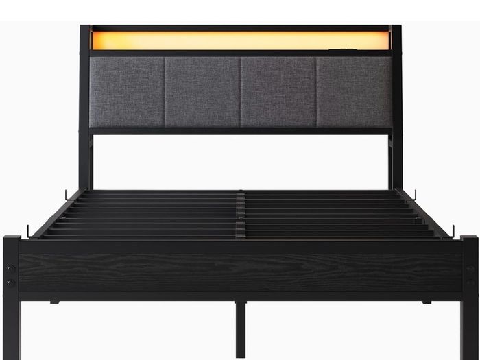 Double Bed Frame, 4FT6 Bed Frame Ergonomics Double with Charging Station and LED Lights, Heavy Duty Platform Full Bed with Fabric Storage Sloped Headboard, No Box Spring Needed, (Black)