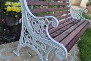 Garden Bench Cast iron fully restored seat outside outdoor garden sitting treated timber decorations, furniture patio  decking, home house cottage ignore flowers pots plants, garden statue chair  swing patio heater bbq hammock sun  farm shop gift