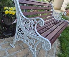 Garden Bench Cast iron fully restored seat outside outdoor garden sitting treated timber decorations, furniture patio  decking, home house cottage ignore flowers pots plants, garden statue chair  swing patio heater bbq hammock sun  farm shop gift