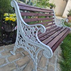 Garden Bench Cast iron fully restored seat outside outdoor garden sitting treated timber decorations, furniture patio  decking, home house cottage ignore flowers pots plants, garden statue chair  swing patio heater bbq hammock sun  farm shop gift