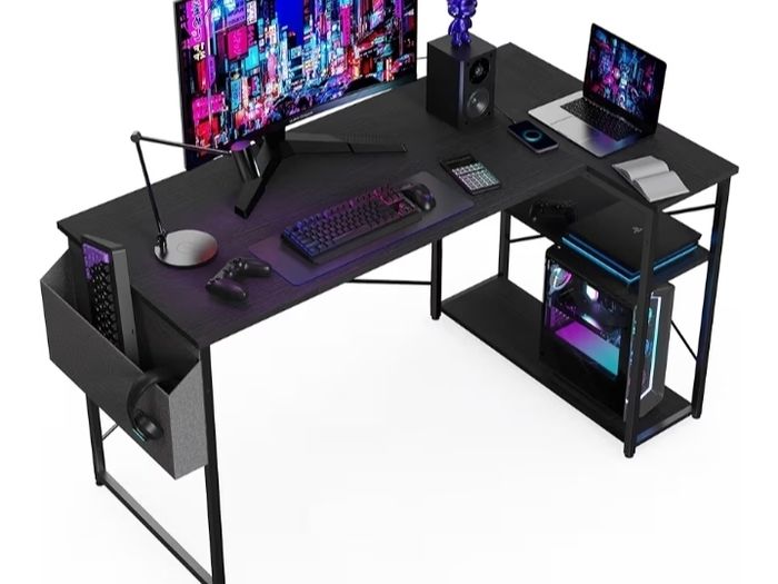 L Shaped Gaming Desk, 100x70 cm Computer Desk with Storage Bag, Office Desk Small Writing Table with Large Reversible Storage Shelves, Workstation for Study Play Work Home Office, Black