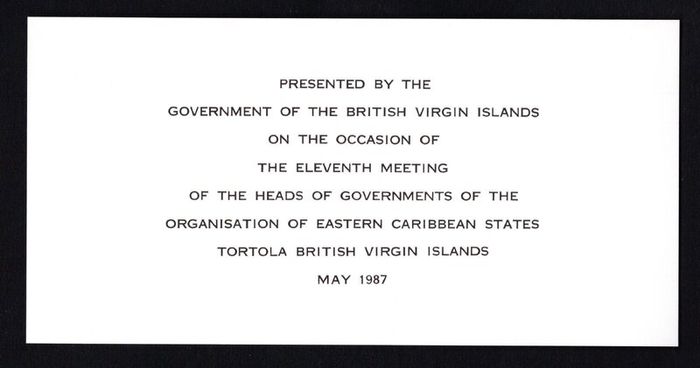 1987 British Virgin Islands The 11th Meeting of the Organization of Eastern Caribbean States - Island Maps and National Flags Presentation Pack Presented by British Virgin Islands Government.