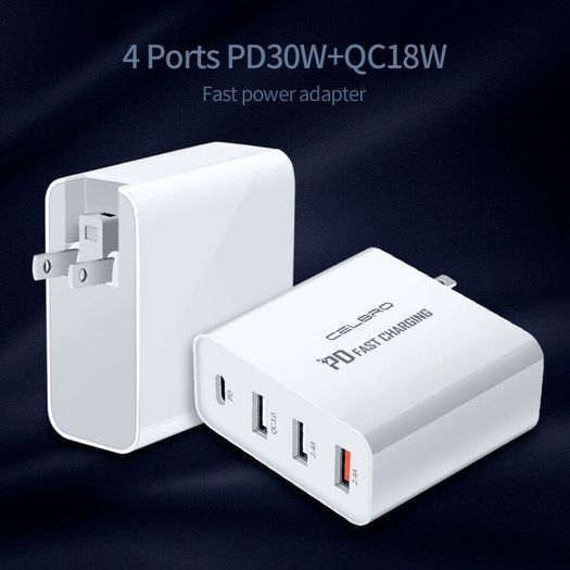 CELBRO QC 3.0 & PD/QC4.0 USB 4 Ports Wall Fast Charger 48W [3 Power Plugs (US/EU/UK)] (Brand New/Warranty)