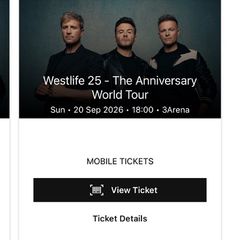 2 x Westlife tickets 20th sept 2026