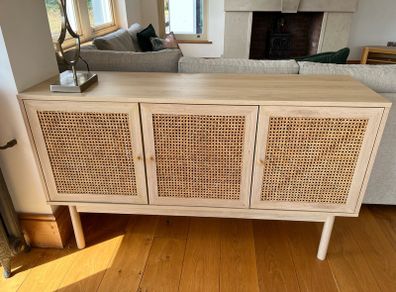 Warm oak sideboard cabinet with 3 rattan doors