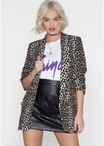 Nasty Gal Leopard Print Satin Edge to Edge Ruched Sleeve Blazer - Size M (UK10/12)