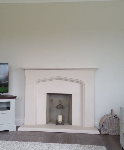 limestone fireplace and hearth
