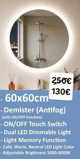 LED Bathroom Mirror 60cm Round Makeup Ensuite Fog Free Demister Vanity Bright Light Dual LED Memory Function Touch Switch