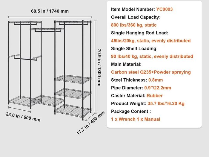 Heavy Duty  Clothes Rack Coat Rack 362 kg Loadable Freestanding Clothes Rack 174x180x45 cm 3 Clothes Rails Multifunctional 8-Layer for Bedroom, Laundry Room, Dressing Room
