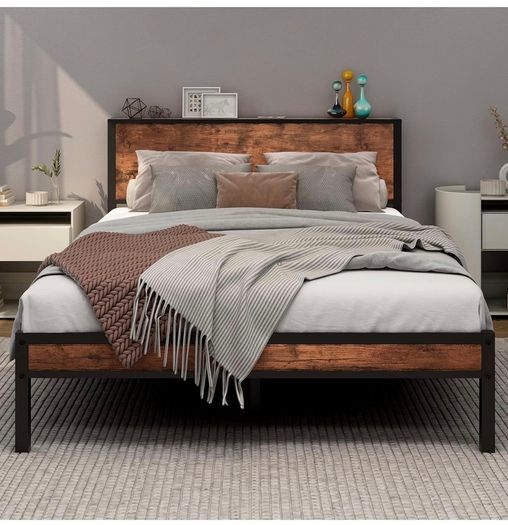 Double Bed Frame with Wooden Storage Shelf Headboard,No Box Spring Needed Metal Platform Bed Frame Double ,Noise Free,Reinforced Strong Support Leg,Textured Black&Brown Oak