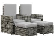 Rattan Sun Lounger w/ Storage Tea Table &amp; Footstools, Grey