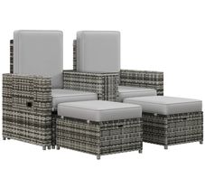 Rattan Sun Lounger w/ Storage Tea Table & Footstools, Grey