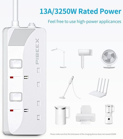 Extension Lead 2 Way Plug Sockets with Individual Switches Wall Mountable Power Strip 1.5M Extension Cable 13A Fused UK Plug 3250W