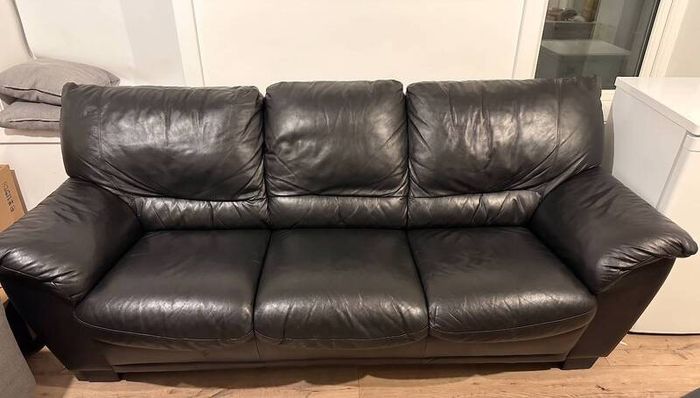 Large 3-Seater Black Faux Leather Sofa