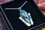 Powerful Flashy Labradorite Crystal with Badger Bones set in Silver Solder Amulet on a Silver Belcher Chain