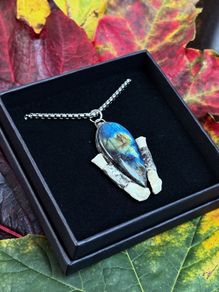 Powerful Flashy Labradorite Crystal with Badger Bones set in Silver Solder Amulet on a Silver Belcher Chain
