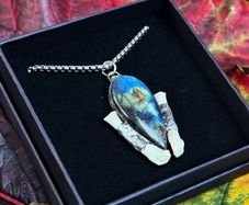Powerful Flashy Labradorite Crystal with Badger Bones set in Silver Solder Amulet on a Silver Belcher Chain