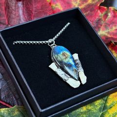Powerful Flashy Labradorite Crystal with Badger Bones set in Silver Solder Amulet on a Silver Belcher Chain