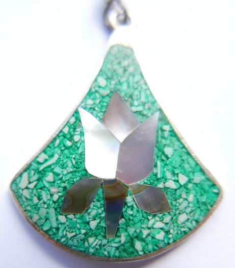 Vintage Alpaca Mexico Turquoise & Abalone Inlaid Silver Earrings