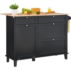 Kitchen Island Cart, 50" Wood Top Breakfast Bar with Trash Cabinet Tilt Out 10 Gallon Storage, Farmhouse Dining Living Room Table with Drop Leaf