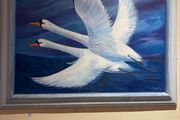 A commissioned painting of two swans with the wing of one swan overlapping the frame