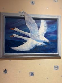 A commissioned painting of two swans with the wing of one swan overlapping the frame