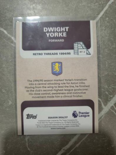 Dwight Yorke Topps Premier League 2026/27 Retro Threads 1994/95 Aston Villa #RT2