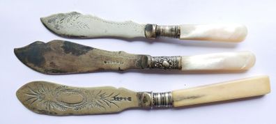 Vintage Sheffield butter or fish knives, two knives have white mother-of-pearl handles