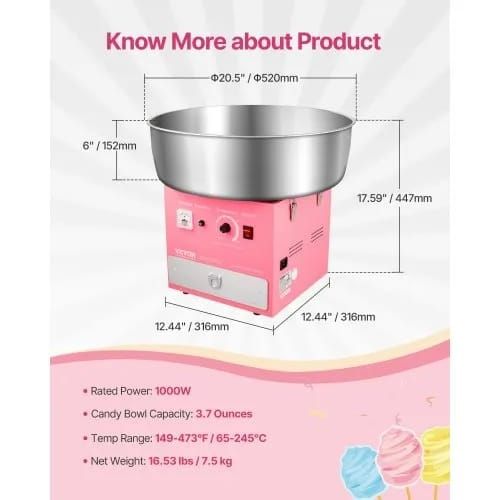 Electric Cotton Candy Machine, 1000W Commercial Candy Floss Maker with 52cm Stainless Steel Bowl, Sugar Scoop, and Drawer, Easy Home Use, Perfect for Kids Birthday, Family Party, Pink