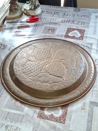A Decorative Antique Large Hand-Engraved  Moroccan or Middle Eastern Brass Tray