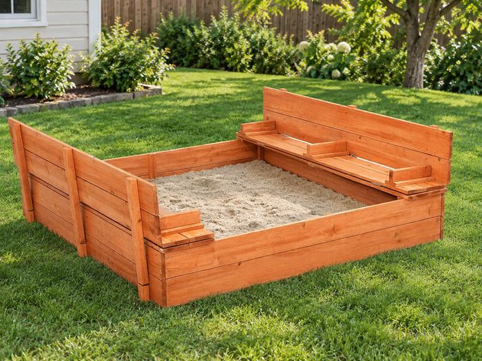 Wooden Kids Sandbox with Foldable Bench Seats & Bottom Liner, Natural Wood Outdoor Sand Pit for Backyard, Garden & Play Area, 52.4 x 47.2 x 16.9 Inches