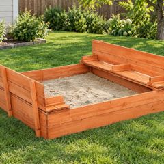 Wooden Kids Sandbox with Foldable Bench Seats & Bottom Liner, Natural Wood Outdoor Sand Pit for Backyard, Garden & Play Area, 52.4 x 47.2 x 16.9 Inches