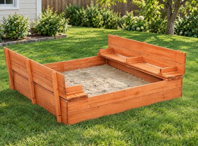Wooden Kids Sandbox with Foldable Bench Seats & Bottom Liner, Natural Wood Outdoor Sand Pit for Backyard, Garden & Play Area, 52.4 x 47.2 x 16.9 Inches