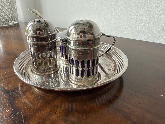Vintage EPNS Cruet Set with Cobalt Blue Glass