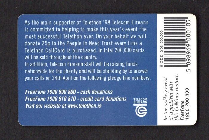 1998 Ireland 10 unit RTE People in Need Telethon 1998 (ODS3 chip) Call Card Used. Telecom Eireann card number 1207
