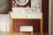 Dressing Table Set, with height-adjustable mirror for 120x180 cm, LED Lights with Adjustable Brightness, Vanity Table with stool, 2 fabric Drawers and 4 Open Compartments, 80x40x136cm, White+Gold
