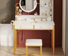 Dressing Table Set, with height-adjustable mirror for 120x180 cm, LED Lights with Adjustable Brightness, Vanity Table with stool, 2 fabric Drawers and 4 Open Compartments, 80x40x136cm, White+Gold