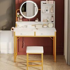 Dressing Table Set, with height-adjustable mirror for 120x180 cm, LED Lights with Adjustable Brightness, Vanity Table with stool, 2 fabric Drawers and 4 Open Compartments, 80x40x136cm, White+Gold