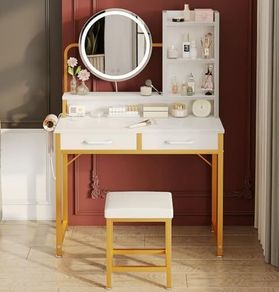Dressing Table Set, with height-adjustable mirror for 120x180 cm, LED Lights with Adjustable Brightness, Vanity Table with stool, 2 fabric Drawers and 4 Open Compartments, 80x40x136cm, White+Gold