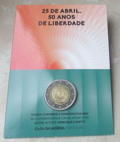 Portugal 2 Euro Commemorative Coin 2024 - 50th Anniversary of the Revolution 1974 BU. Blister Card.