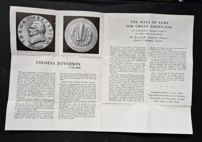 Thomas Jefferson1743-1826 Hall Of Fame For Great Americans At Nyu Brass (45.9 Grams) Medal