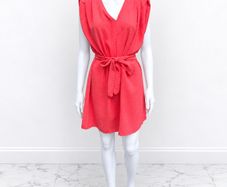 Pre Owned Estee Brown Coral V-Neck Padded Shoulder Mini Dress with Tie Belt