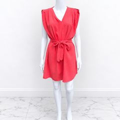 Pre Owned Estee Brown Coral V-Neck Padded Shoulder Mini Dress with Tie Belt
