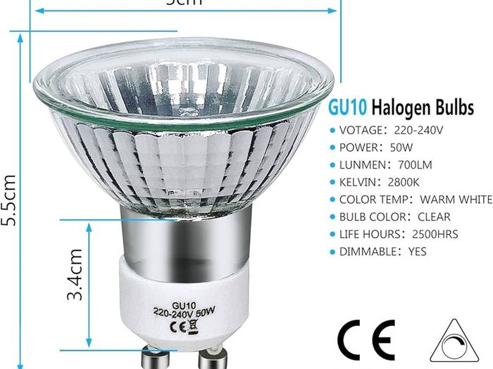 FREE SHIPPING Halogen Bulbs 50W Dimmable, 220V GU10 Halogen Spotlight Bulbs 2 Pi2800K Warm Up 700 Lumens 42 Degrees Beam Angle