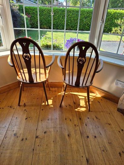 Pair of Vintage Ercol Blonde Swan Back Carver Dining Chairs
