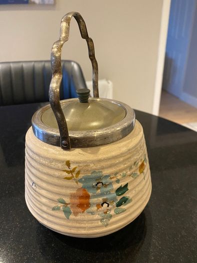 Bramley vintage ribbed biscuit barrel with  silver plated lid .