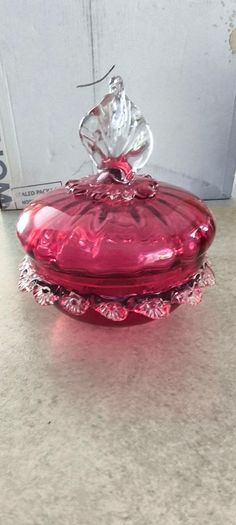 Antique Art Glass Cranberry Red Ruffled Lidded Candy Dish